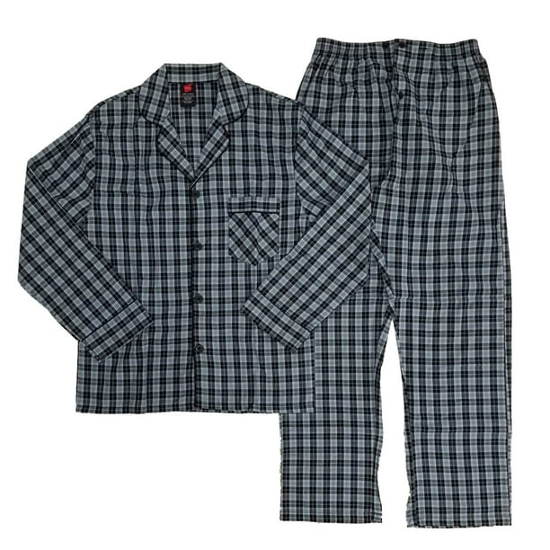 2X L XL Hanes MEN'S Woven Pajama Long Sleeve Shirt & Pants Grey Checked Plaid